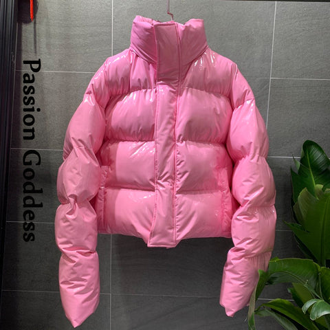 Sonicelife Winter Women Bright PU Pink Puffer Jacket Thick Bubble Coat Zipper Glossy Leather Down Parka Outerwear Stand Collar Loose Jacket