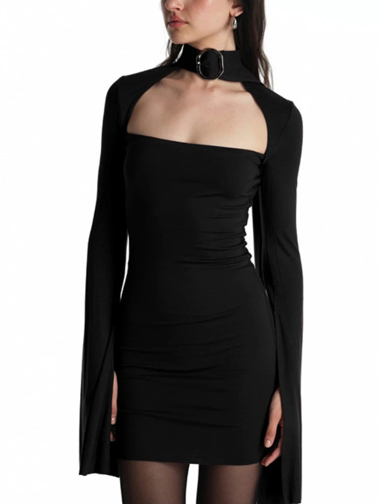 Sonicelife Streetwear Sexy Gothic Dress Women Harajuku Cyber Punk Y2k Metal Buckle Hollow Out Halter Long Sleeve Bodycon Dresses