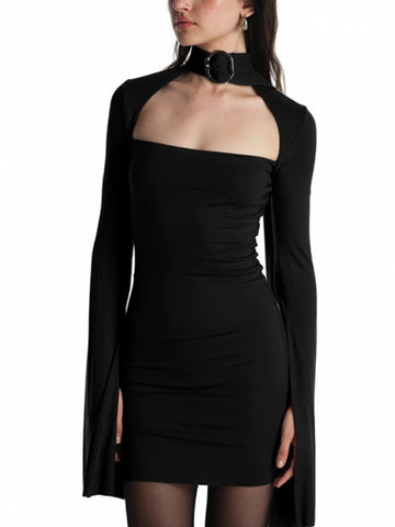 Sonicelife Streetwear Sexy Gothic Dress Women Harajuku Cyber Punk Y2k Metal Buckle Hollow Out Halter Long Sleeve Bodycon Dresses