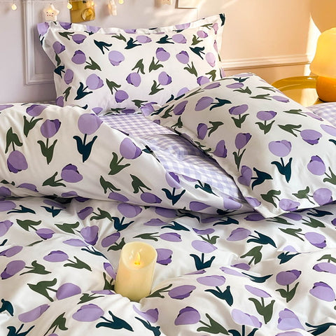 Sonicelife Floral Bedding Set Purple Tulips Ins Single Queen Size Duvet Cover No Filler Flat Sheet Pillowcase Home Hotel Bed Linens