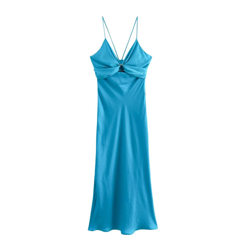Sonicelife Women's Camisole Skirt with V-neck Sexy and Fashionable Midi Dress Silk Texture Opening Design New
