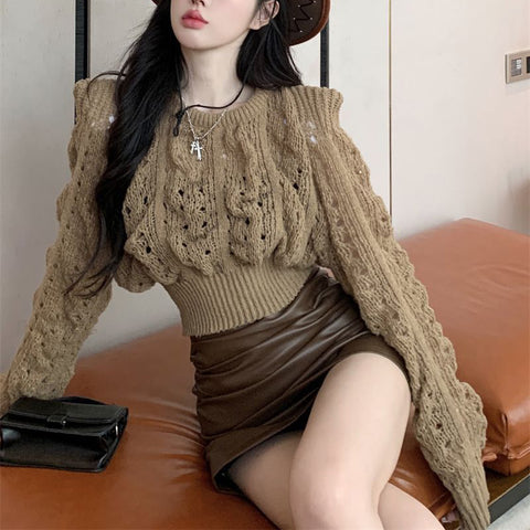 Black Friday Sonicelife Chic Knitted Sweater Women Hollow Long Sleeved Slim Fall Pullover Elegant O-Neck Vintage Solid Twist Harajuku Cropped Jumpers