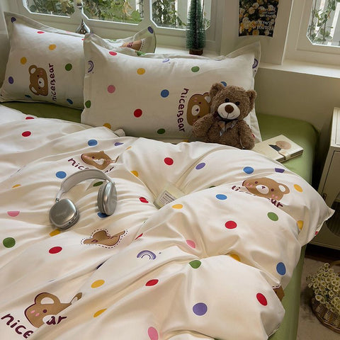 Sonicelife Cute Bedding Set Kawaii Cartoon Boys Girls Ins Duvet Cover with Zipper No Filler Flat Sheet Pillowcase Queen Size Bed Linens