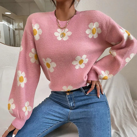 christmas outfit Sonicelife Autumn Winter New College Style Flower Knitted Coat Loose Fashion Round Neck Pullover Print Long Sleeve Sweater Women's Tops