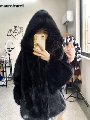 christmas outfit Sonicelife Winter Oversized Black Warm Shaggy Hairy Faux Fox Fur Coat Women with Hood Bat Sleeved White Korean Fashion 2025