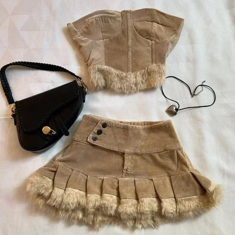 Sonicelife Y2K Knitted Splicing Short Skirt Two Piece Set Women Knitted Long Sleeved Sweater Cute Bow Mini Pleated Skirt Autumn Winter Suit