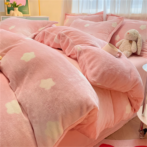 Sonicelife Winter Double-Sided Milk Coral Fleece Bedding Four-Piece Set Thickened Plush Quilt Three-Piece Flannel Warm Duvet Cover Set