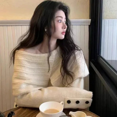 Sonicelife French Slash Neck Pullover Women Elegant Chic Knitted Off Shoulder Jumpers Autumn Winter Long Sleeve Streetwear Sexy Pullover