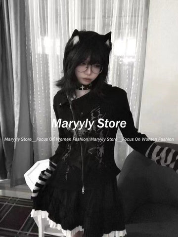 Sonicelife Gothic Harajuku Print Zipper Cardigan T-shirt Women Vintage Slim Grunge Fashion Patchwork Top Women Y2k Aesthetic Streetwear Tee