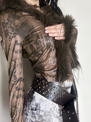 Sonicelife Aesthetic Vintage Y2k Jacket Women Dark Gothic Cyber Punk Streetwear Emo Grunge Printed Fur Patchwork Crop Coast Female