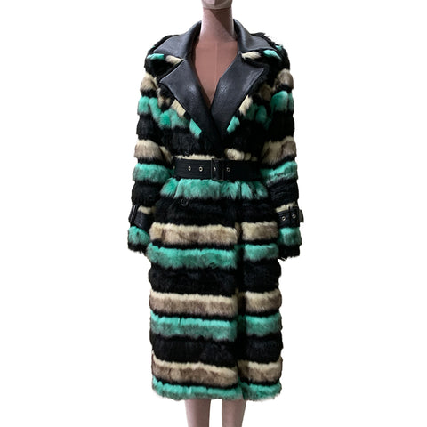 christmas outfit Sonicelife Winter Long Striped Colorful Thick Warm Fluffy Pu Leather Patchwork Faux Fur Coat Women Luxury Designer Clothes