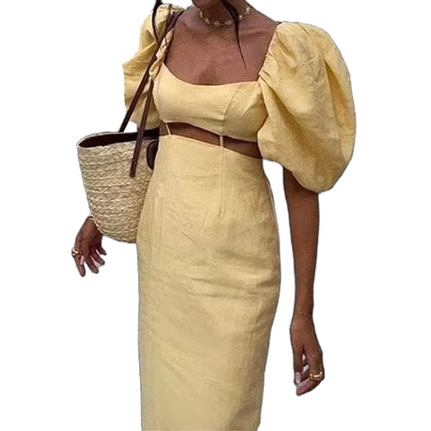 Sonicelife Women's Yellow Dress with Puffed Sleeves Waist Opening Hollow Design Fashion Sexy Commuter Temperament Midi New