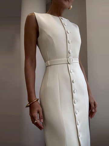Sonicelife Elegant Single Breasted Tank Dress Women Sleeveless O-neck Slim Solid Belts Dresses 2025 Spring Commute Street Split Lady Robes