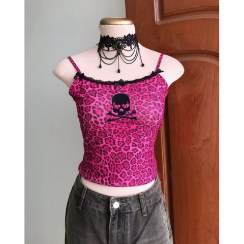 Sonicelife Crop Top Pink Sexy Camisole Women Clothing Punk Gothic Streetwear Skull Lace Leopard Sling Tops Vintage Aesthetic Y2k Tank Top