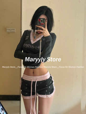 Sonicelife American Vintage Spice Girl 2 Piece Set Women Sexy V-neck Long Sleeve Slim Tops + Y2k High Waist Shorts Sweet Sprots Suits 2025