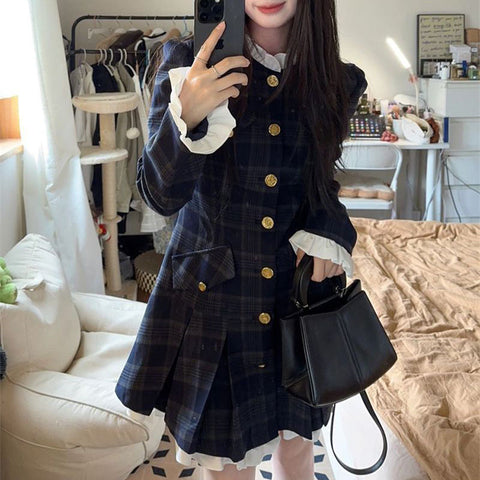 Sonicelife French Plaid Dresses Women Autumn Winter New Ruffles O Neck Single Breasted Pleated Dress Korean Slim Elegant Vintage Vestidos