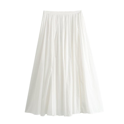 Sonicelife Women's Wide Hem White Mid Length Skirt Versatile Pleated Long Skirt New Commuting Temperament