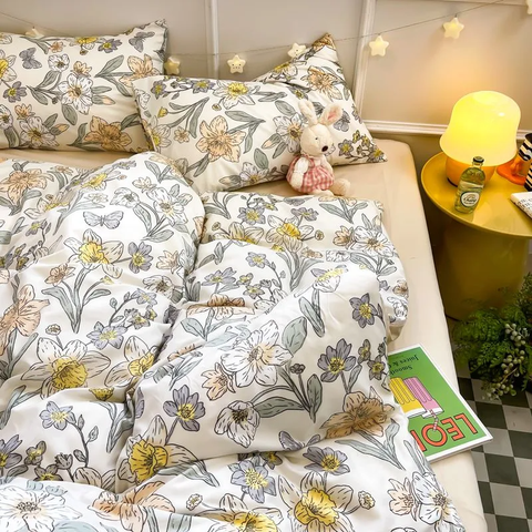 Sonicelife Ins Floral Bedding Set Kids Adult Full Queen Size Duvet Cover Flat Sheet Pillowcase No Filler Summer Fall Home Bed Linens