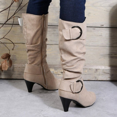 Sonicelife 2025 Autumn Fashion  Boots Side Zip Shoes  Mid-calf Boots Pointed Tip Ladies High Heels Suede Botas De Invierno Para Mujer