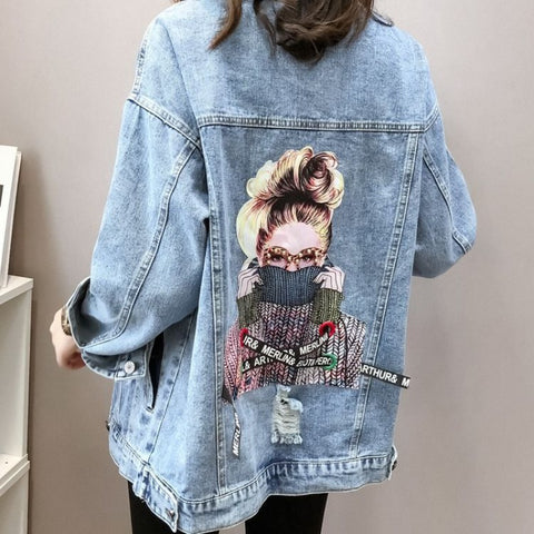 Sonicelife 2025 Autumn New Denim Jacket Women Harajuku Printed Frayed Beading Loose Casual Jeans Jacket Coat Outwear Female Jacket P521