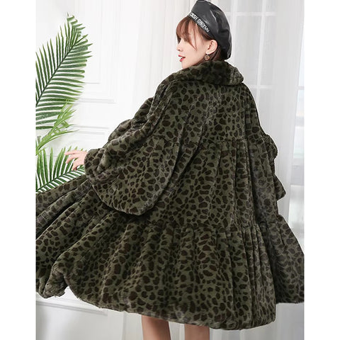 christmas outfit Sonicelife Autumn Winter Long Oversized Warm Colorful Leopard Print Pleated Faux Fur Coat Women Ruffled Collar European Fashion