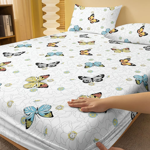 Sonicelife 3pcs Butterfly Print Fitted Sheet Set, Dustproof Non-slip Mattress Protector, Soft Comfortable Breathable Bedding Sheet Set