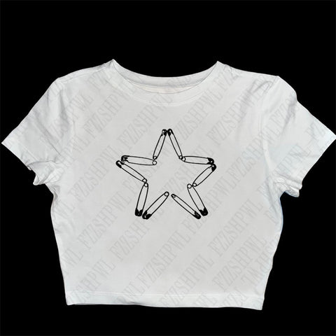 Sonicelife Aesthetic Pin Print Cute Women's Baby T-Shirt Emo Girls Retro Casual Stars Harajuku Sexy Crop Tops Punk Y2K Slim 90s Streetwear