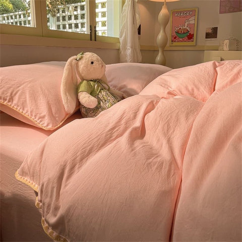 Sonicelife Ins Style Pink Solid Color Bedding Sheet Nordic Duvet Cover Set Hot Sale Home Luxury Bedding Set Bed Sheet Comfortable Bedspread