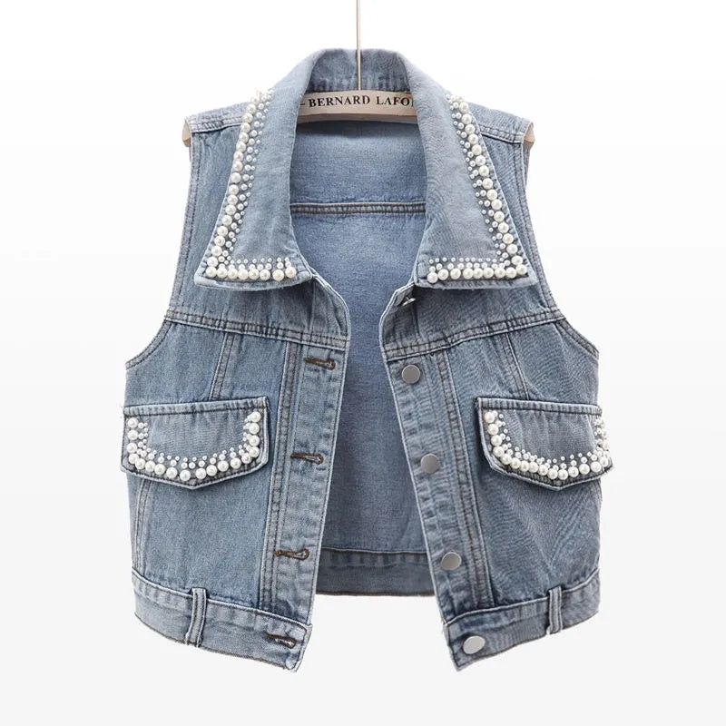 Sonicelife 2025 New Autumn Women Vest Jacket Fashion Beading Jeans Jacket Sleeveless Loose Short Blue Denim Coat Causal Waistcoats Jackets