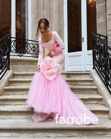 Sonicelife Customized Exquisite Jersey Pleat Flower Mermaid Square Neck Long Dresses Bespoke Occasion Dresses Modern Style Pastrol Chinese (PRE-ORDER)