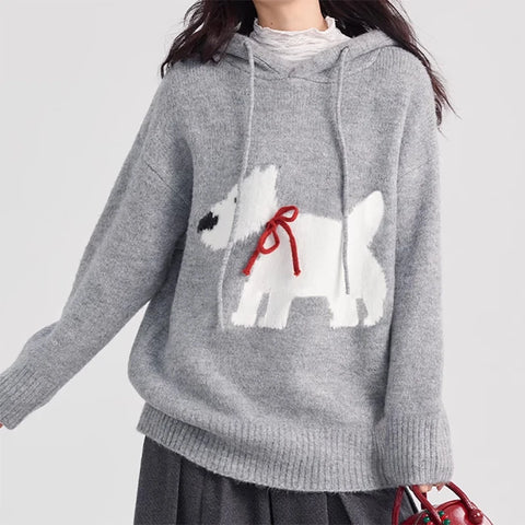 Sonicelife Dog Printed Cute Hooded Sweater Knit Women Y2k Drawstring Long Sleeve Pullover Sweater Loose Casual Hoodies Fall Winter