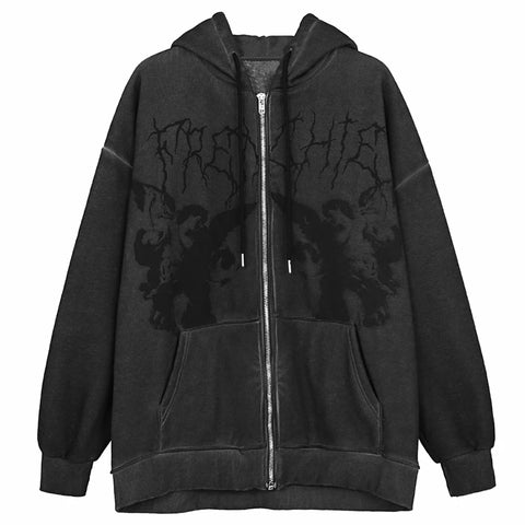 Sonicelife Vintage Angel Print Oversized Hoodies Female Zip Up Long Sleeve Women's Sweatshirt Y2K Aesthetic Autumn Gothic Grunge Streetwear