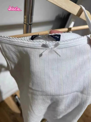 Sonicelife Sweet Solid Bow Camis Shorts 2 Pieces Sets Cute White Cotton Slim Crop Top Patchwork Shorts Two Piece Set For Women Y2k Summer