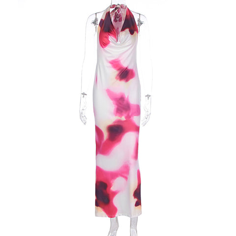 Sonicelife Women Contrasting Print Halter Long Dresses Sexy Lace Up Swing Collar Open Back Midi Vestidos Summer Holiday Woman Clothing 2025