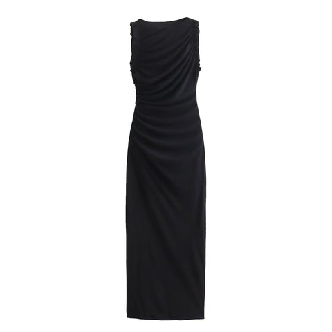 Sonicelife Women's Sleeveless Long Dress with Wooden Ear Lace Folding and Split, Monochromatic, Midlength, Mid Length, New