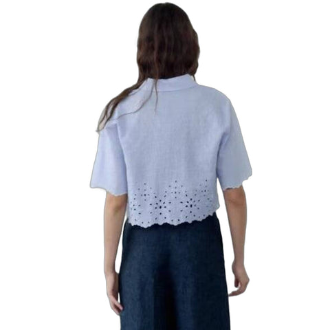 Sonicelife Women's Hollowed-Out Embroidery Shirt with Single Breasted Buttons Versatile Short Sleeved Top for Commuting Style New