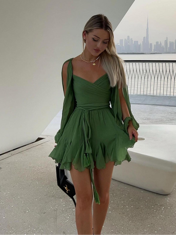 Sonicelife Chiffon Green Ruffles Mini Dresses Women Elegant Long Sleeve A Line Beach Robe Fashion Lady Ruffles Holiday Summer Party Vestido