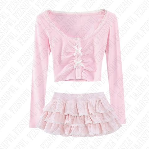 Sonicelife Sweet Pink suit Aesthetic Cute Bow Sexy lace Long Sleeve Crop Tops Harajuku Emo Girls Y2K Mini Skirt Fashion women's Streetwear