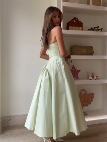 Sonicelife Elegant V Neck Green Long Dresses Women Fashion High Waist A-line Halter Midi Vestidos New Summer Lady Evening Party Dress 2025
