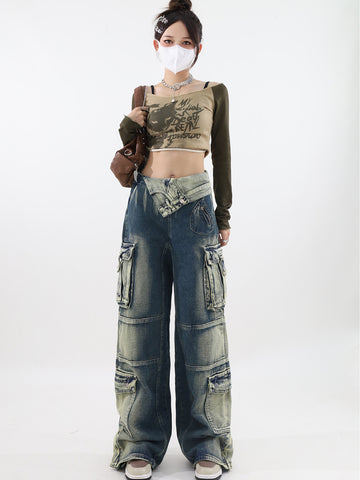 christmas outfit Sonicelife Women's Wide Cargo Jeans Fashion 90s Aesthetic High Waist Denim Trousers Harajuku Korean Baggy Jeans Pants Grunge 2000s Clothes