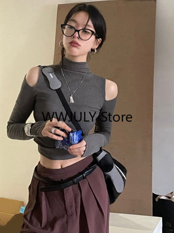 Sonicelife Y2K Vintage Solid Turtleneck T Shirts Women Gothic Sexy Slim Crop Tops Elegant Hollow Out Long Sleeve Bottoming Tees 2025 Autumn