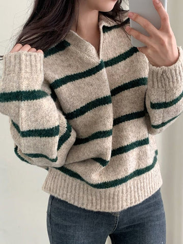 christmas outfit Sonicelife Large size Korean style lapel slimming contrast striped sweater women's winter long-sleeved loose pullover sweater y2k tops