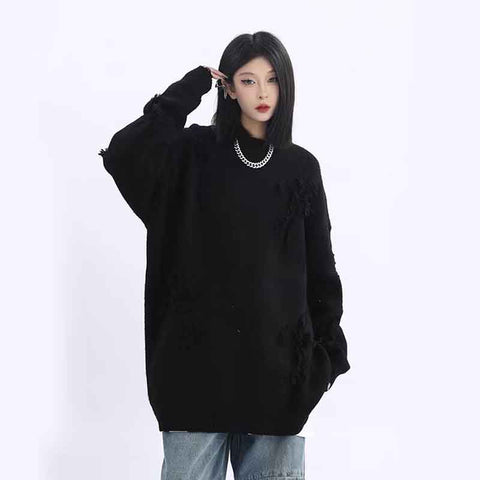 Black Friday Sonicelife Fall Long Sleeve Hole Knit Sweaters Women Y2K Fashion Streetwear Tassels O Neck Solid Pullovers Bf Korean Oversized Loose Jumper