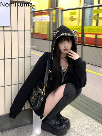 Sonicelife Fake Two Hoodies Coat 2025 Women Clothing Patchwork Leopard Print Hooded Sweatshirts Y2k Tops Streetwear Casual Fashion Hoodie