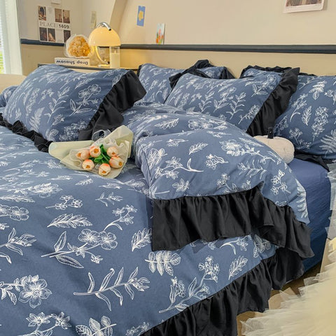 Sonicelife Ink Style A-class Skin Friendly Washed Cotton Four Piece Set With Lotus Leaf Lace Bedding, Bedsheet, Duvet Cover, Single Bed