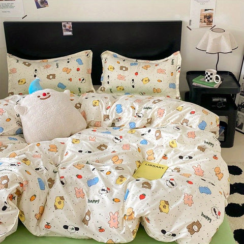 Sonicelife Cute Rabbit Carrot Bedding Set Soft Green Flat Sheet Quilt Cover Pillowcase Bed Linen Twin Queen Full Size Floral Duvet Cover