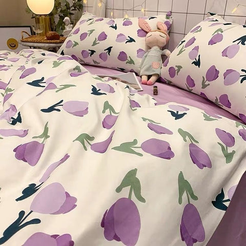 Sonicelife Purple Tulip Bedding Set INS Bed Linens Duvet Cover 150x200 Double Queen King Quilt Cover Soft Polyester Bedclothes Flat Sheets