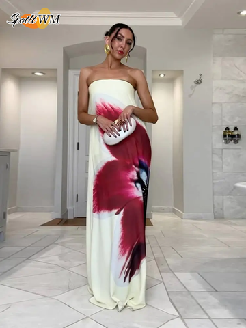 Sonicelife 2025 New Floral Printed Strapless Loose Robes Women Sexy Off Shoulder Sleeveless Backless Maxi Dress Fashion Lady Party Vestidos