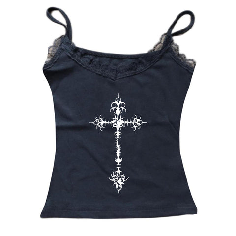 Sonicelife Y2K Gothic Grunge Punk Aesthetic Print Lace Camisole Top Fashion Sexy Sleeveless Slim Chic Crop Top 90s Vintage Rock Women's Tee