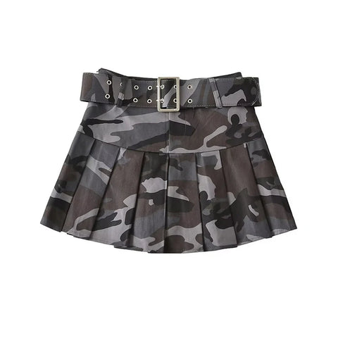 Sonicelife Street Women Pink Camouflage Pleated Mini Skirts Dance School Girls High Waist Belt Camo Pleated Skirt Cosplay A Line Skirts New